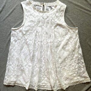 Doe & Rae Women's White Lace Sleeveless Top Blouse Fully Lined Size Large